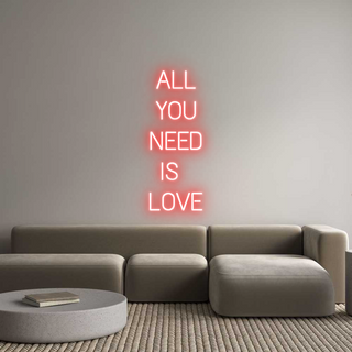 Neat living room with a custom red neon sign reading "ALL YOU NEED IS LOVE" in the center, adding a touch of personalized charm.